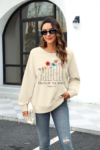 KIDDAD Christian Sweatshirts for Women Jesus Sweatshirt Bible Verse Sweatshirt Fruits of the Spirit Long Sleeve Pullover - color: Apricot, size: X-Large