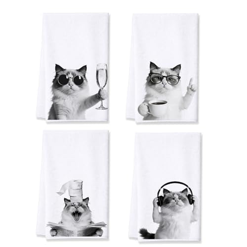 Cat Kitchen Towels Set of 4, Funny Cat Dish Towels - color: White Funny Cat-02