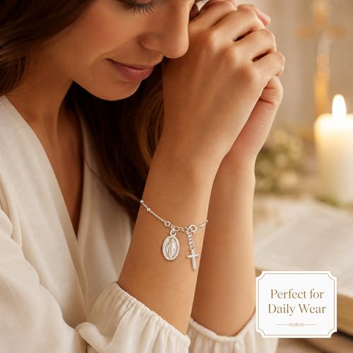 Elegant Silver-Tone Rosary Bracelet for Women, Beautiful Double Layered Catholic Jewelry, Versatile Virgin Mary Coin Hand Accessories Matching Daily Outfits Flawlessly