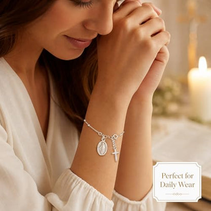 Elegant Silver-Tone Rosary Bracelet for Women, Beautiful Double Layered Catholic Jewelry, Versatile Virgin Mary Coin Hand Accessories Matching Daily Outfits Flawlessly