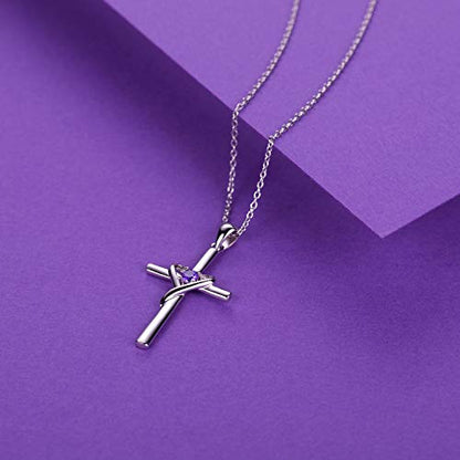 AmorAime 925 Sterling Silver Cross Necklace for Women Men 14K Gold Plated 5A CZ Birthstone Necklaces for Holiday - color: B.Purple-February-Amethyst