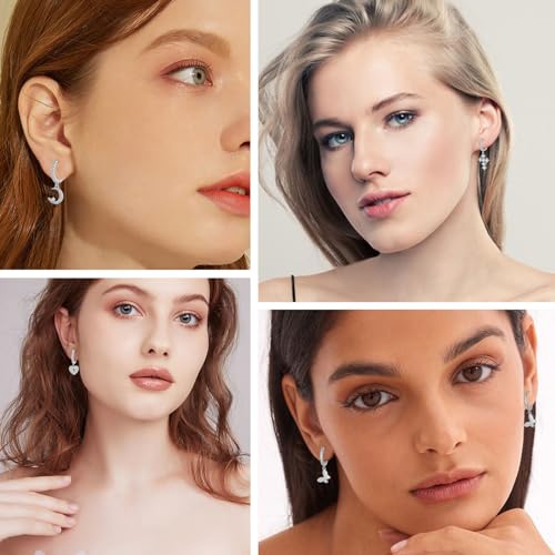 Dainty Huggie Hoop Dangle Earrings for Women, Small Hypoallergenic Hoop Earring with Charm Cross Star Moon Earrings, Sterling Silver CZ Huggie Drop Earrings for Teen Girls - style: Cross-Silver
