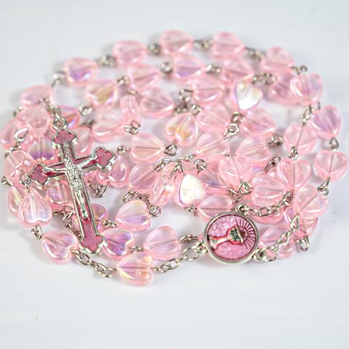 Rosary Beads Catholic for Women - Pearl Beads with Classic Cross, Virgin Mary Zippered Prayer Box, First Communion Gifts, Baptism Confirmation Jewelry - color: Communion-Pink