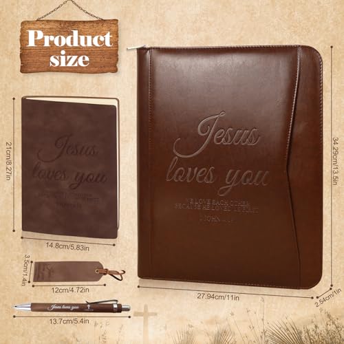 4 Pcs Christian Gifts for Men Pastors Appreciation Leather Bible Portfolio Scripture Notebook Bookmark Pen Religious Present Pastor Kit Supplies Accessories, 'Jesus loves you' Church Notes Journal - style: Jesus loves you