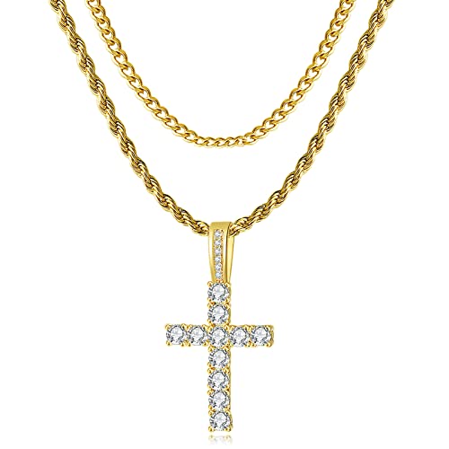 GEMOSA Cross Necklace for Men, Cuban Link Layered Rope Chain Silver/Gold/Black - color: Yellow Gold, size: 16/18 inch