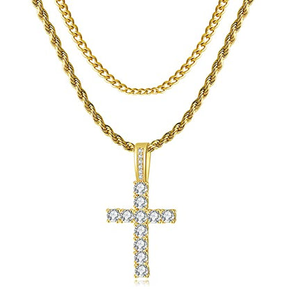 GEMOSA Cross Necklace for Men, Cuban Link Layered Rope Chain Silver/Gold/Black - color: Yellow Gold, size: 22/24 inch