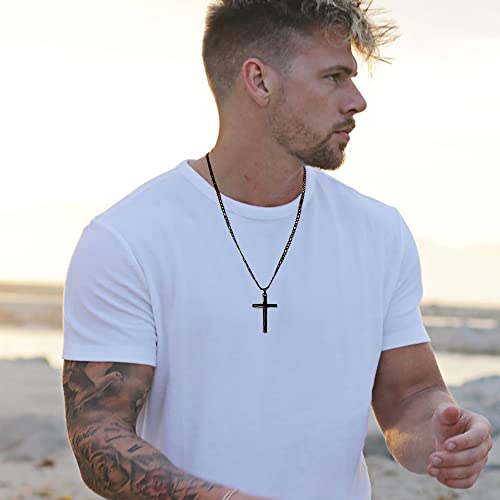 Joxevyia 14K Gold Filled Cross Necklace for Men Figaro Chain Stainless Steel Polished Cross Pendant Necklace Simple Baptism Faith Jewelry Gift - size: 18 inches, style: Big Black cross pendant(1.2"*0.7")