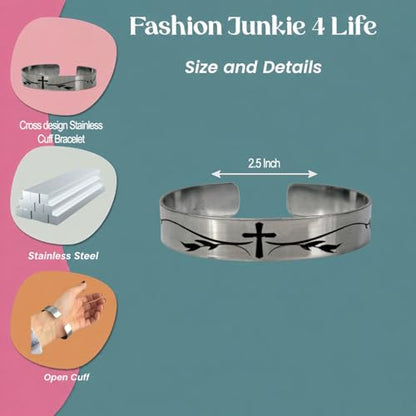 FashionJunkie4Life 925 Sterlin Silver and Stainless Steel Open Cuff Bracelet - color: Thick Cross