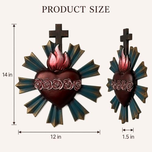 XXLTY Flaming Sacred Heart of Jesus Wall Decor Handcrafted Catholic Wall Art for Home Sacred Heart Decor 14 * 12Inch Spiritual Gift - color: Rose bronze sacred heart