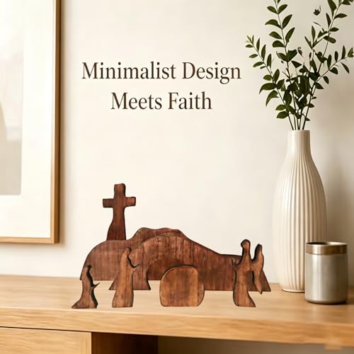 Christian Table Decor Empty Tomb Easter Scene and Cross Decoration for Home Decor, 7PCS Christian Nativity Sets & Figures Tabletop for Living Room, Console Table, Bookshelf, Tv Stand, Entryway