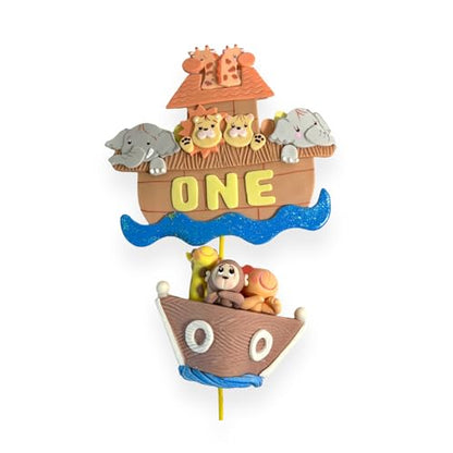 Noah's Ark Cake Toppers Set, Birthday Party, Baby Shower decoration, Animal theme party, Handmade, cute baby decor (Centerpiece "ONE" + 3D)