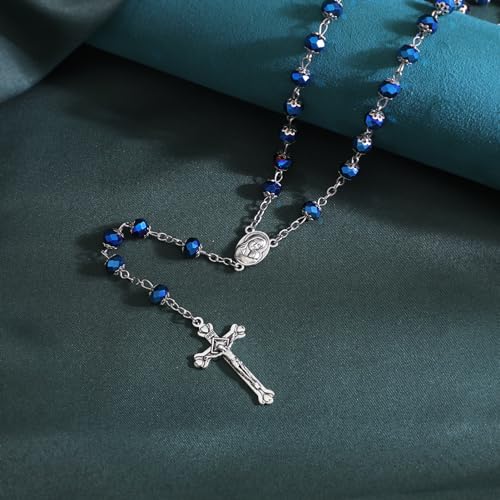 KOMI Rosary Beads Catholic for Women Gemstone Rosary Beads Necklace with Crucifix Cross Crystal Pearl Rosary Rosarios Catolicos Catholic Gifts - style: Deep Blue Crystal