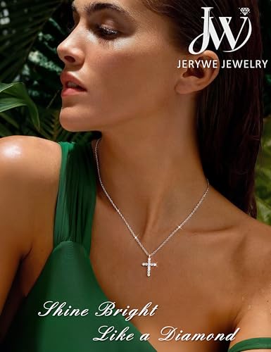 JeryWe 925 Sterling Silver Cross Necklace for Women Dainty Gold/White Gold Plated Necklace for Women Non Tarnish Cubic Zircon Cross Pendant Necklaces Christian Baptism Religious Faith Jewelry Gift - color: White Gold Plated