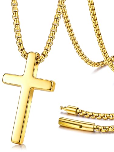 PROSTEEL Cross Necklace for Men Stainless Steel Pendant Chain - color: 18K Gold Plated, size: 24 inches(61cm), style: Small Cross: 1.2"*0.7"