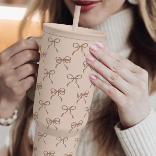 SANDJEST Bow Tumbler with Handle and Straw 40oz – Stainless Sleel Slider Tumbler Travel Coffee Mug for Women - Gift Idea for Birthday Christmas - color: Bow 1
