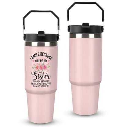 30 oz Sister Travel Mug with Handle and Straw, Cute Pink Floral Stainless Steel Vacuum Insulated Tumbler, Water Bottle, Funny Friendship Gifts for Women - color: sister travel mug