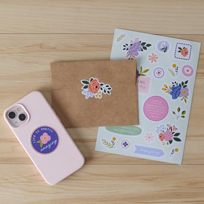 Christian Art Gifts Multicolor Inspirational Scripture Bible Journaling Sticker Sheet Set for Women & Girls: Colorful Lavender Purple, Green & Pink Floral Designs, 3 Die-Cut Sheets