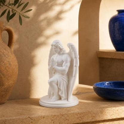 White Kneeling Praying Male Angel Statue, Plastic Figurine with Hands Clasped for Tabletop, Shelf and Desk Display