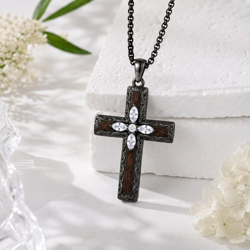 Cross Necklace for Men 925 Sterling Silver Cross Ebony Wooden Ankh Raven Praying Hands Crucifix Amulet Religious Jewelry Gifts for Men Women - color: Cross17