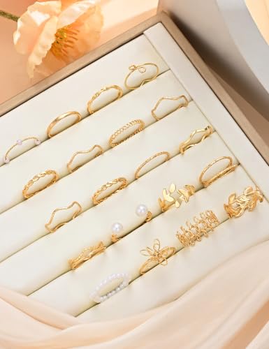 Gold Stackable Rings Set for Women, Gold Plated Chunky Crystal Finger Rings - color: Flower Gold