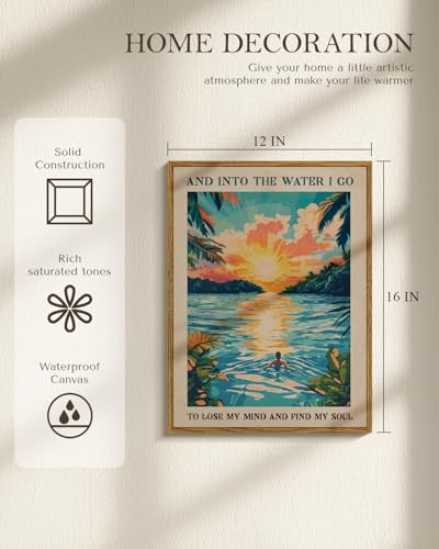 WHASAYART Inspirational Tropical Sunset Framed Wall Art, “And Into the Water I Go” “To Lose My Mind and Find My Soul” Quote Canvas Print, Coastal Ocean 12x16 Beach Sunrise Landscape Room Office Decor - color: Swim