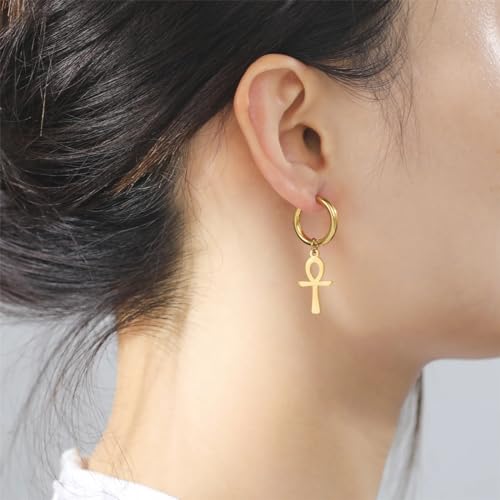 14K Yellow Gold Ankh Earrings For Women Men, The Key Of The Nile Ankh Pendant Symbol Sterling Silver Egyptian Jewelry For Men, Ankh Cross Drop Earrings Women Dangle Earrings Amulet Crucifix Egyptian Earrings For Women, Ankh Necklace Women - color: Ankh Ea