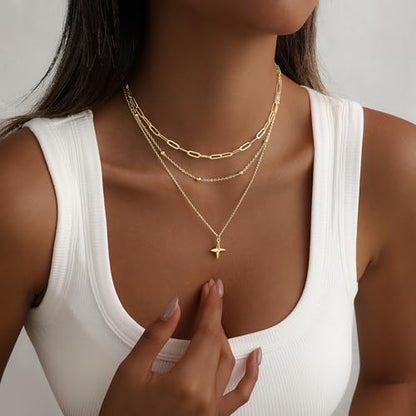 Layered Gold Necklace for Women, 14K Gold Plated Necklace Stack Set, Dainty Pendant Necklace Non Tarnish, Fashion Bow CZ Circle Star Hammered Cross Jewelry Gift for Women - color: Gold-02