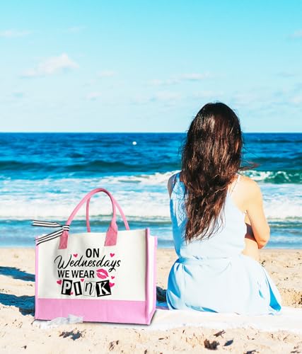 Aesthetic Canvas Tote Bag for Women Girls, Large Tote Bag for Friends Colleagues Leader Manager, 17 x 11.8 x 7 inches - color: Pink