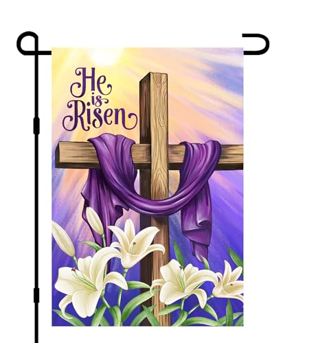He is Risen Easter Christian Garden Flags 12x18 Double Sided Burlap, Religious Cross Spring Lily Flower Sign Small Flag Farmhouse Yard Outdoor Decoration DF701 - size: 12" X 18"