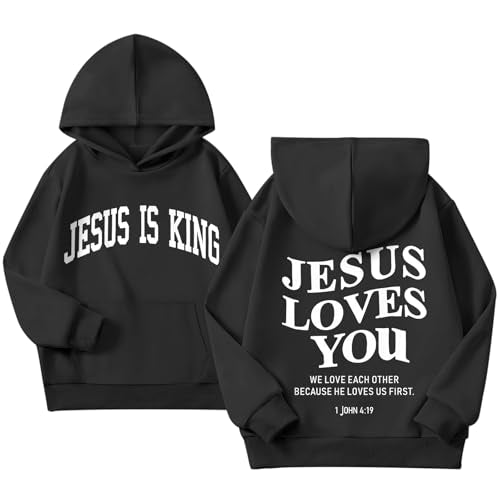 Sulayesh Jesus Loves You Jesus Is King Christian Hoodie for Girls God Bible Verse Religious Faith Sweatshirt Cute Graphic Top - color: Black, size: 7-8 Years