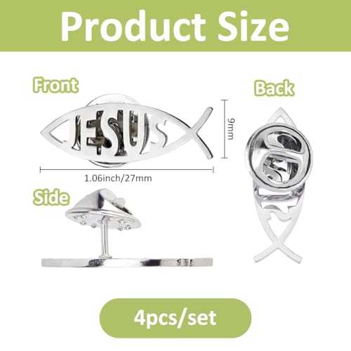 SUPERFINDINGS 4Pcs 304 Stainless Steel Lapel Pin Backs Jesus fish brooch Cartoon Fish Pin Christian Jewelry for Coat Shirt Suit Collar Accessories Gift - color: Platinum