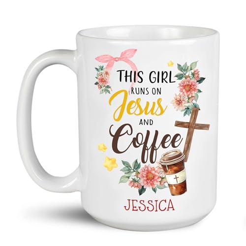 This Girl Runs On Jesus And Coffee Mugs, Custom Christian Cross On Tea Cup With Flowers, Personalized Choose Name Porcelain Mugs, Art Christ Themed Travel Cup, Birthday Mug Present - color: XUA-324-1558-Jesus And Coffee