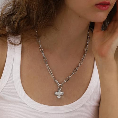 Chunky Cross Necklace for Women, 14K Gold Silver Pendant Necklace - color: White Gold-Lobster Clasp-0.8 inch pendant