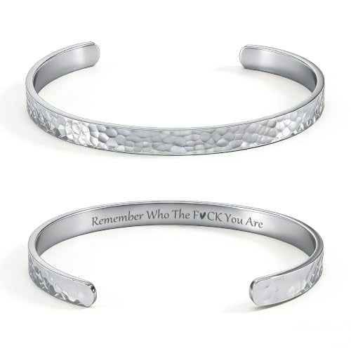 Inspirational Bible Verse Cuff Bracelet for Women, 18K Gold Plated Hammered Bangle, Christian Faith Jewelry Gift, Adjustable Non Tarnish - color: Silver-REMEMBER WHO THE F YOU ARE