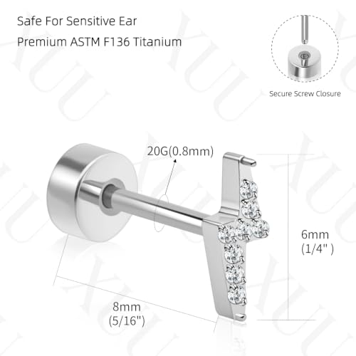 XUU 20G Flat Back Stud Earrings ASTM F136 Titanium - color: silver lightning bolt