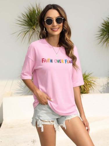 Faith Over Fear Shirt for Women Graphic Shirts Oversized Graphic Christian Tshirts Tees Tops - color: Pink a, size: Small