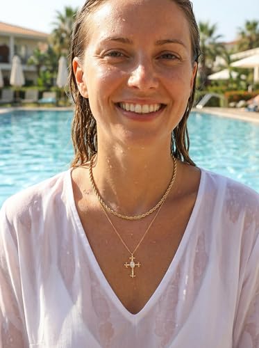 CONRAN KREMIX Waterproof Gold Layered Cross Necklace for Women Non Tarnish,14k Gold Plated Stainless Steel Dainty Cross Necklace Stack Necklaces Set for Women Christian Gifts Jewelry - color: Gold-Cross02