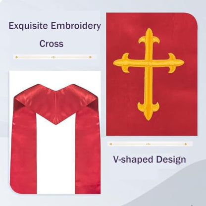 Clergy Stole & Choir Stole with Cross Embroidery 60'' (Pink) - color: Red