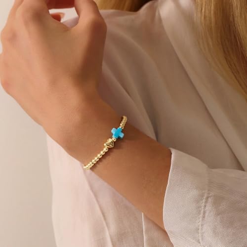 Turandoss Gold Cross Bracelet for Women Heart Beaded Bracelet Faith Jewelry - color: Turquoise Cross Bracelet
