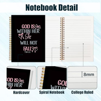 Pink Bow Christian Spiral Notebook Journal,Gifts for Women,Bible Notebooks for Note Taking,Bible Journaling Notebook,God is Within Her Will Not Fall Hardcover Spiral Notebook,5.5x8.3 Inch - color: Pink Bow Christian