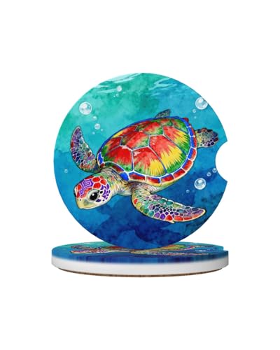 Ceramic Car Cup Coasters 2PCS - Colorful Sea Turtle - color: Colorful Sea Turtle