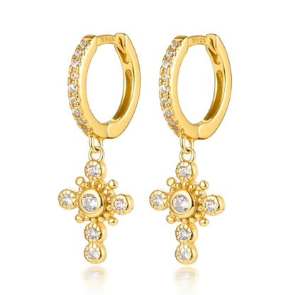 925 Sterling Silver Crown Cross Drop Dangle Earrings for Women - color: Gold 2