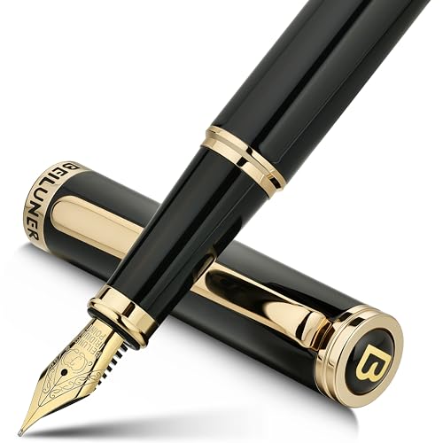 BEILUNER Black Fountain Pen,Stunning Luxury Pens with 24K Gold Accents, Gorgeous 24K Gilded Nib(Fine), Trustworthy Pen Gift for Men&Women -Ink Converter-Elegant, Reliable,Fancy Pen for Writing - color: Black&Gold, style: Fine Nib