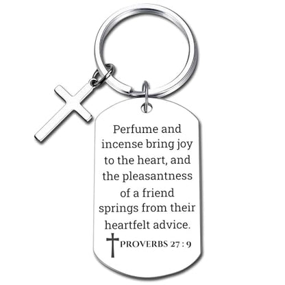 GiftYou Inspirational Scripture Metal Key Chains with Cross Pendant - Bible Verse Keychain Religious Gift for Christian - color: Proverbs 27:9