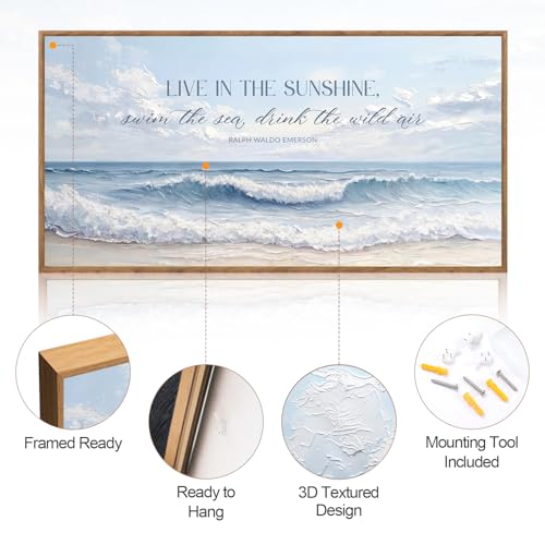 Aurlan 3D Textured Blue Coastal Quotes Framed Canvas Wall Art 40x20 Inch - color: Ralph Waldo Emerson Quotes (3D Textured), size: 40"L x 20"W