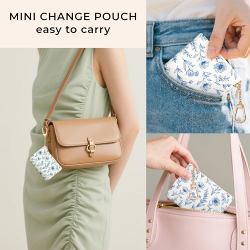 Blue Flower Keychain Coin Purse for Women, Small Change Pouch - color: Abstract Blue Flower