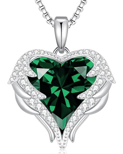 CDE Angel Wings Heart Birthstone Pendant Necklace Gift for Women - color: White-05-Emerald Green Birthstone