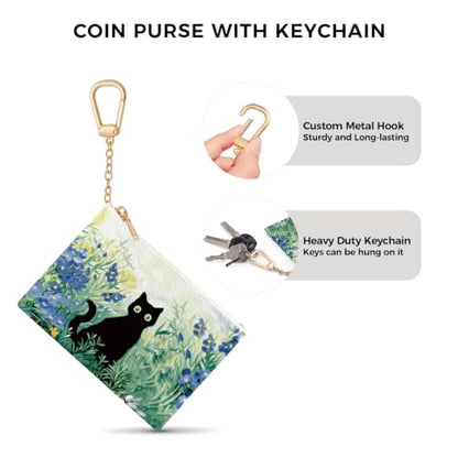 Black Cat Art Keychain Coin Purse for Women, Small Change Pouch - color: Art Black Cat