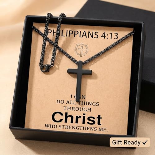 Stainless Steel Cross Necklace for Men, Philippians 4:13/Joshua 1:9/Isaiah 41:10 Scripture Pendant - Religious Baptism & Confirmation Gift for Husband,Teens 13+,Him - style: Philippians 4:13