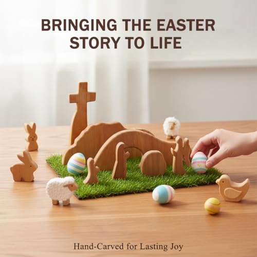 Empty Tomb Easter Scene and Christian Cross Decoration, Wooden Easter Resurrection Scene Cross Jesus Tomb Tray Set, Easter Decor for Religious Home Office Tabletop Christian Gifts